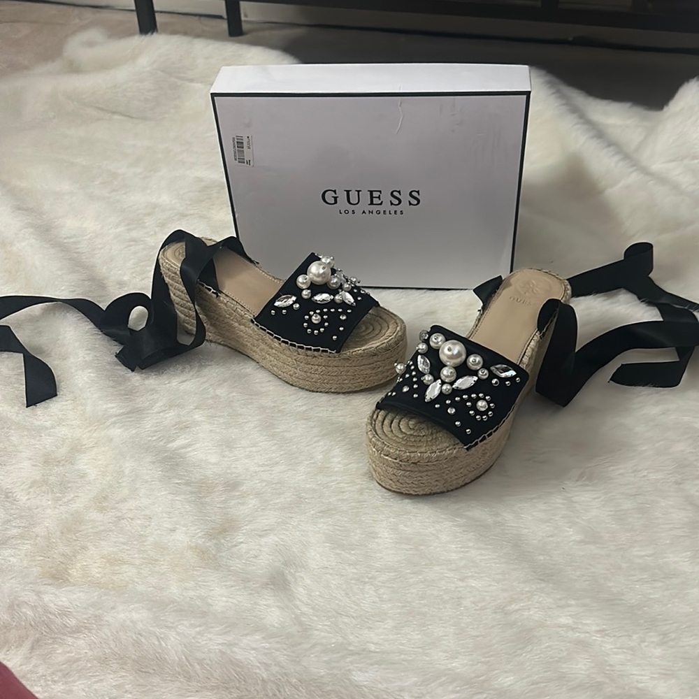 GUESS jeweled tie up espadrilles size 6 with box! Worn once !!!